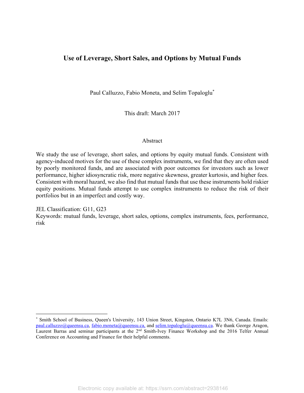 Use of Leverage, Short Sales, and Options by Mutual Funds