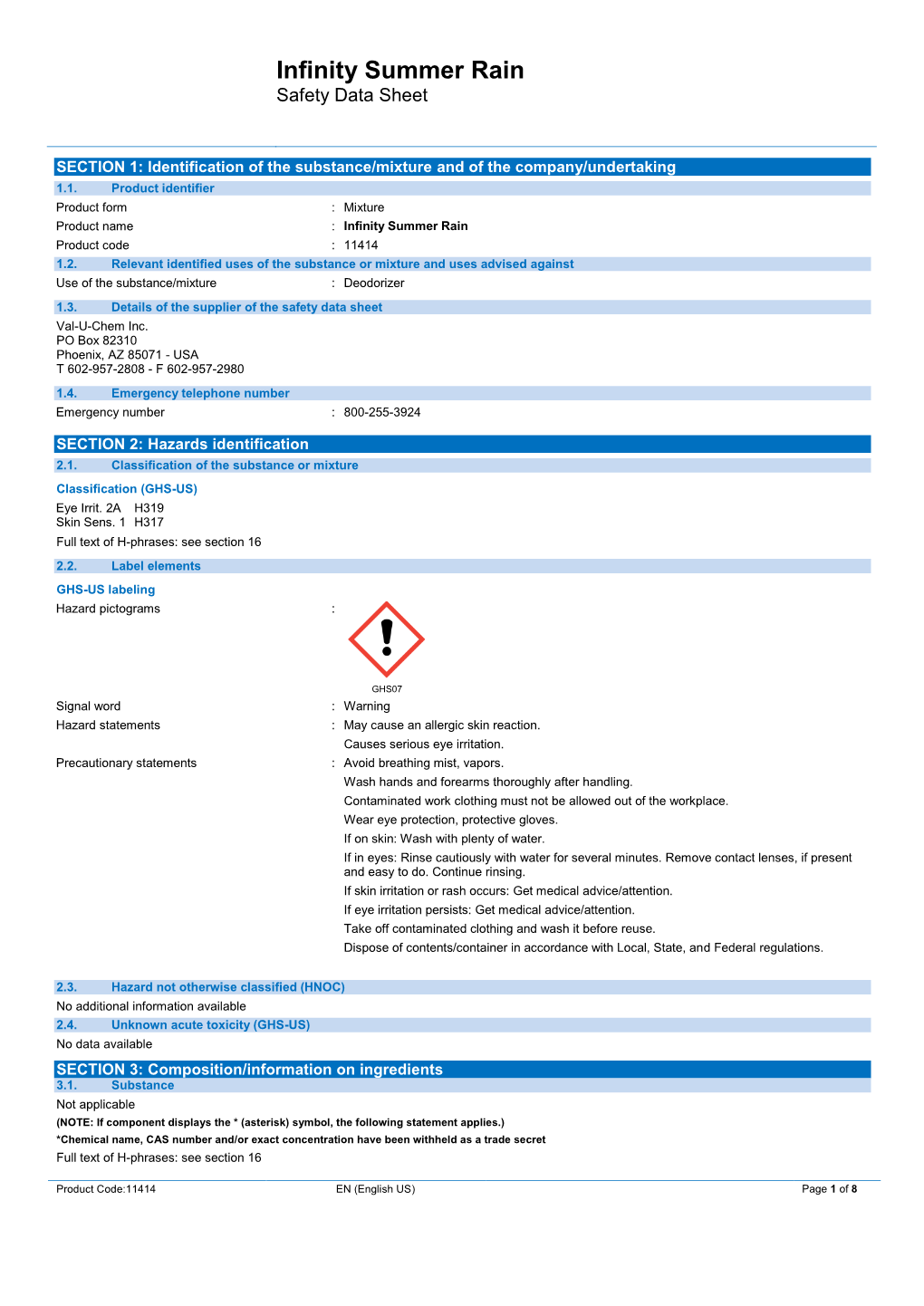 Infinity Summer Rain Safety Data Sheet