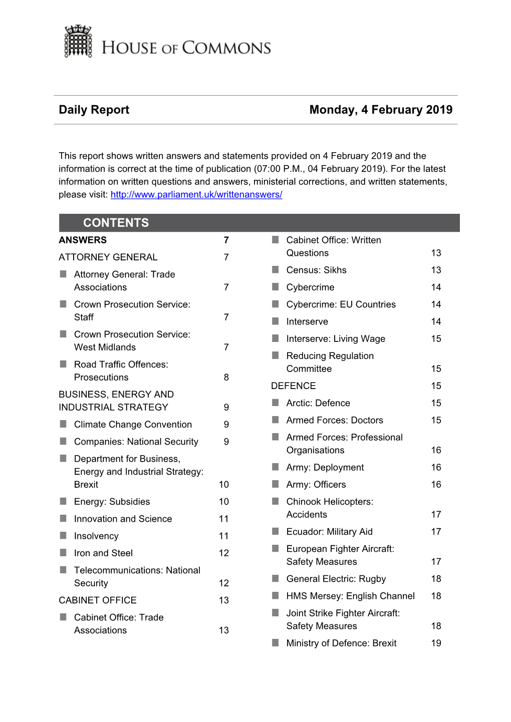 Daily Report Monday, 4 February 2019 CONTENTS