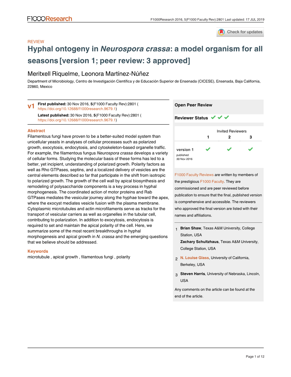 Hyphal Ontogeny in : a Model Organism for All Neurospora Crassa