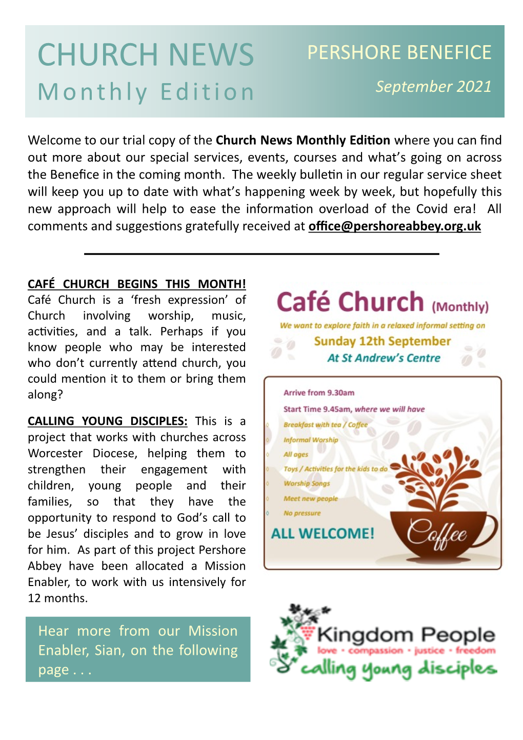 CHURCH NEWS PERSHORE BENEFICE Monthly Edition September 2021