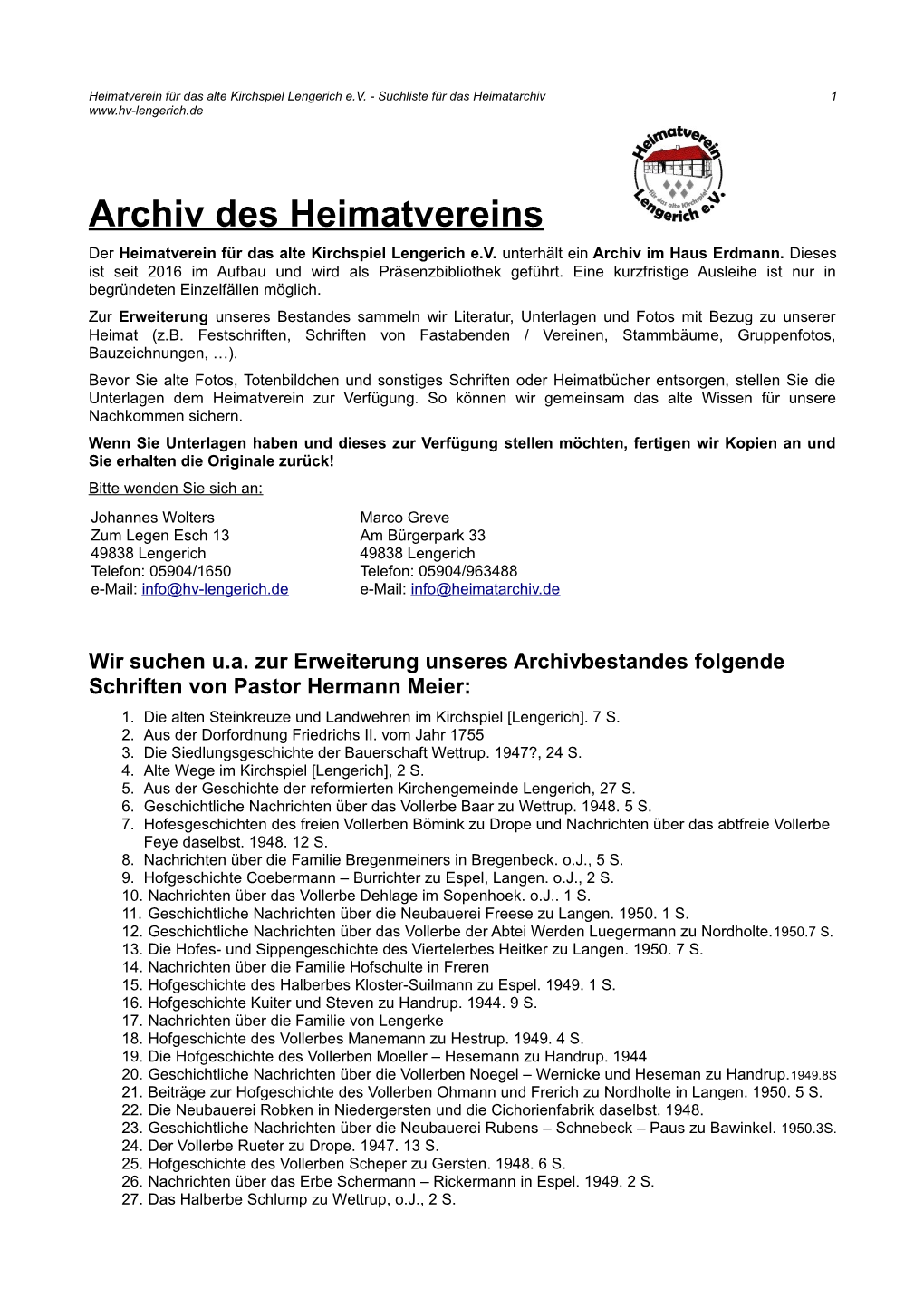 Archiv Des Heimatvereins Der Heimatverein Für Das Alte Kirchspiel Lengerich E.V