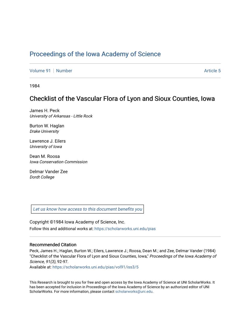 Checklist of the Vascular Flora of Lyon and Sioux Counties, Iowa