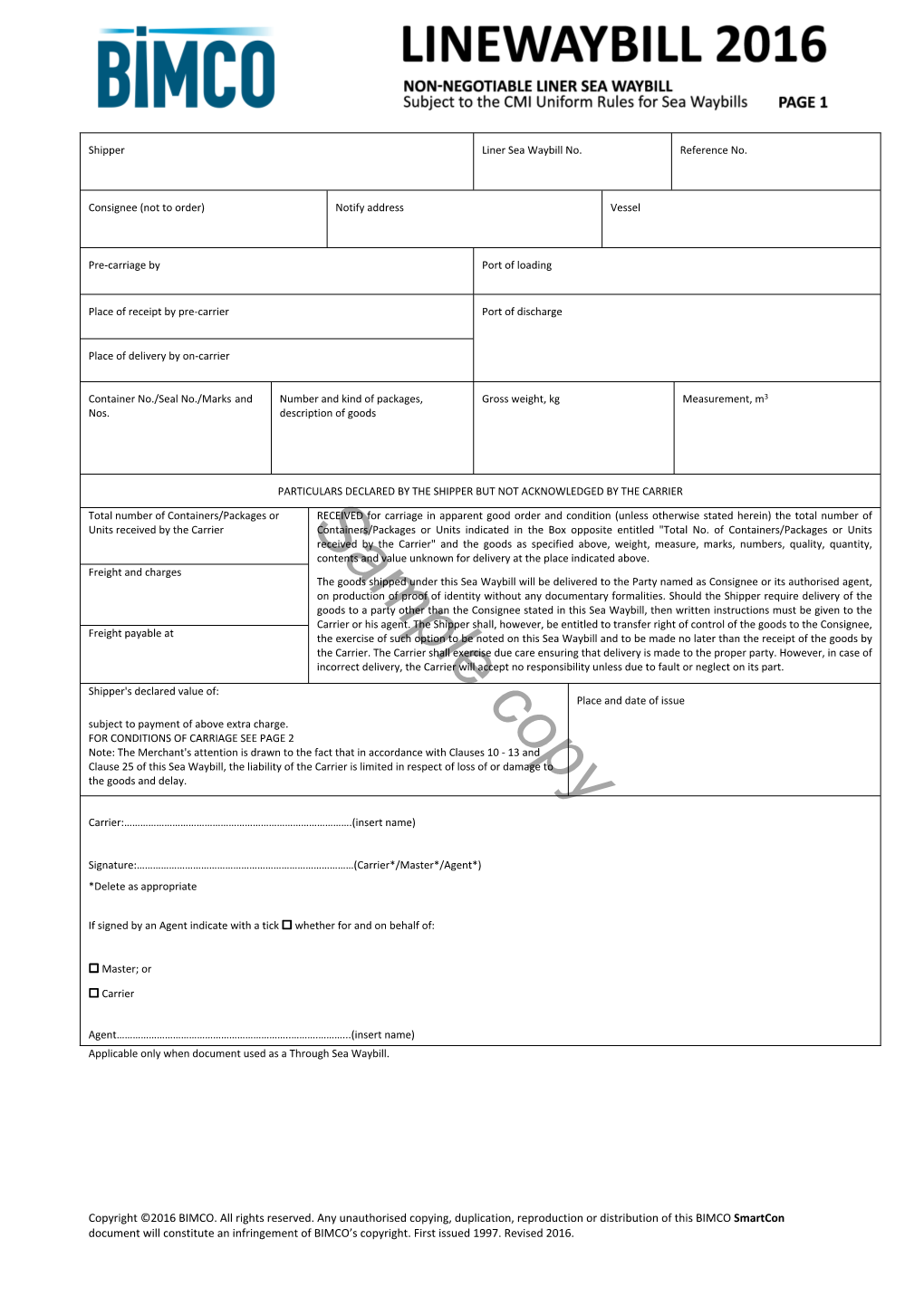 LINEWAYBILL 2016 NON-NEGOTIABLE LINER SEA WAYBILL Page 2 I