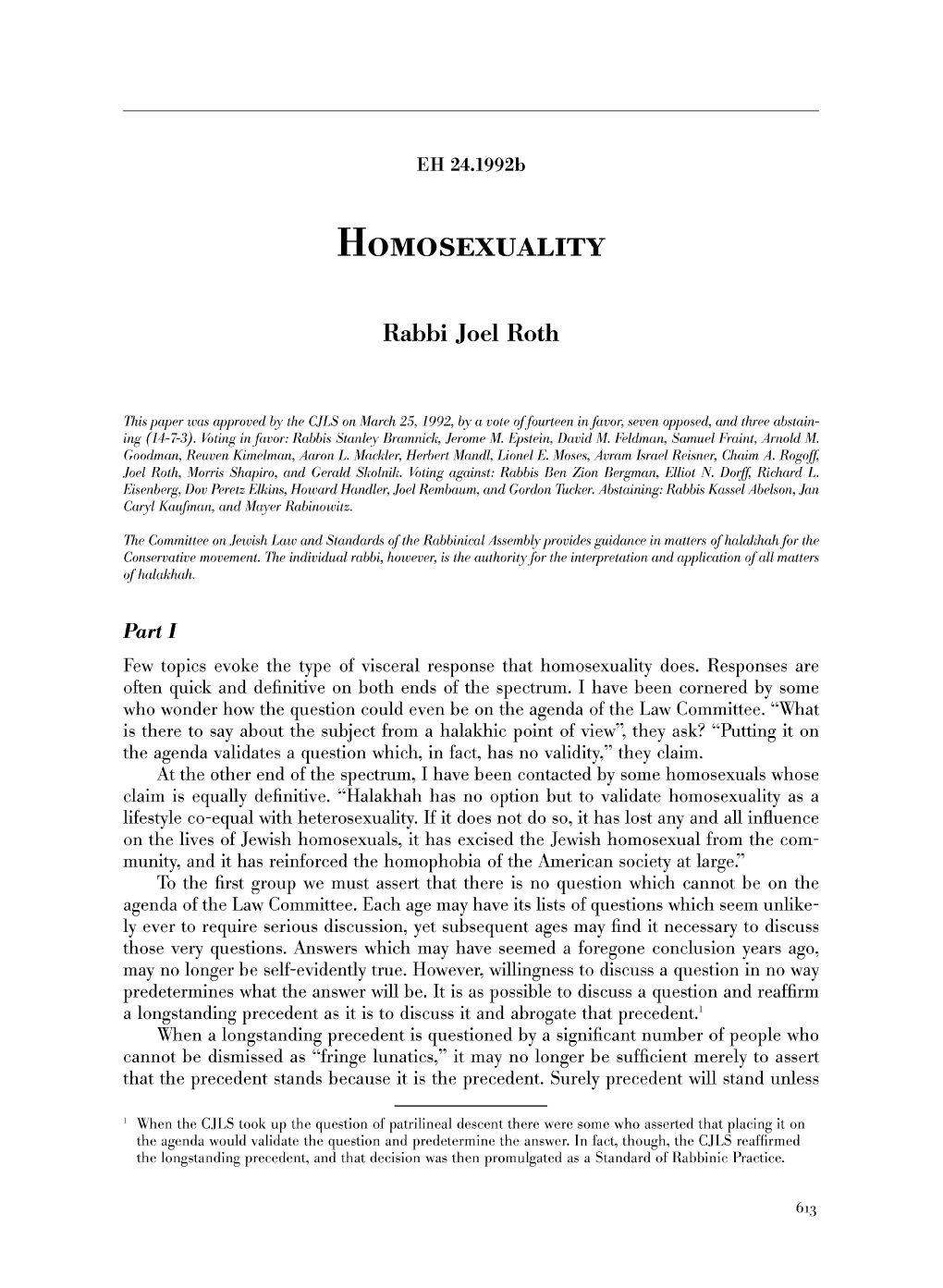 Homosexuality Rabbi Joel Roth