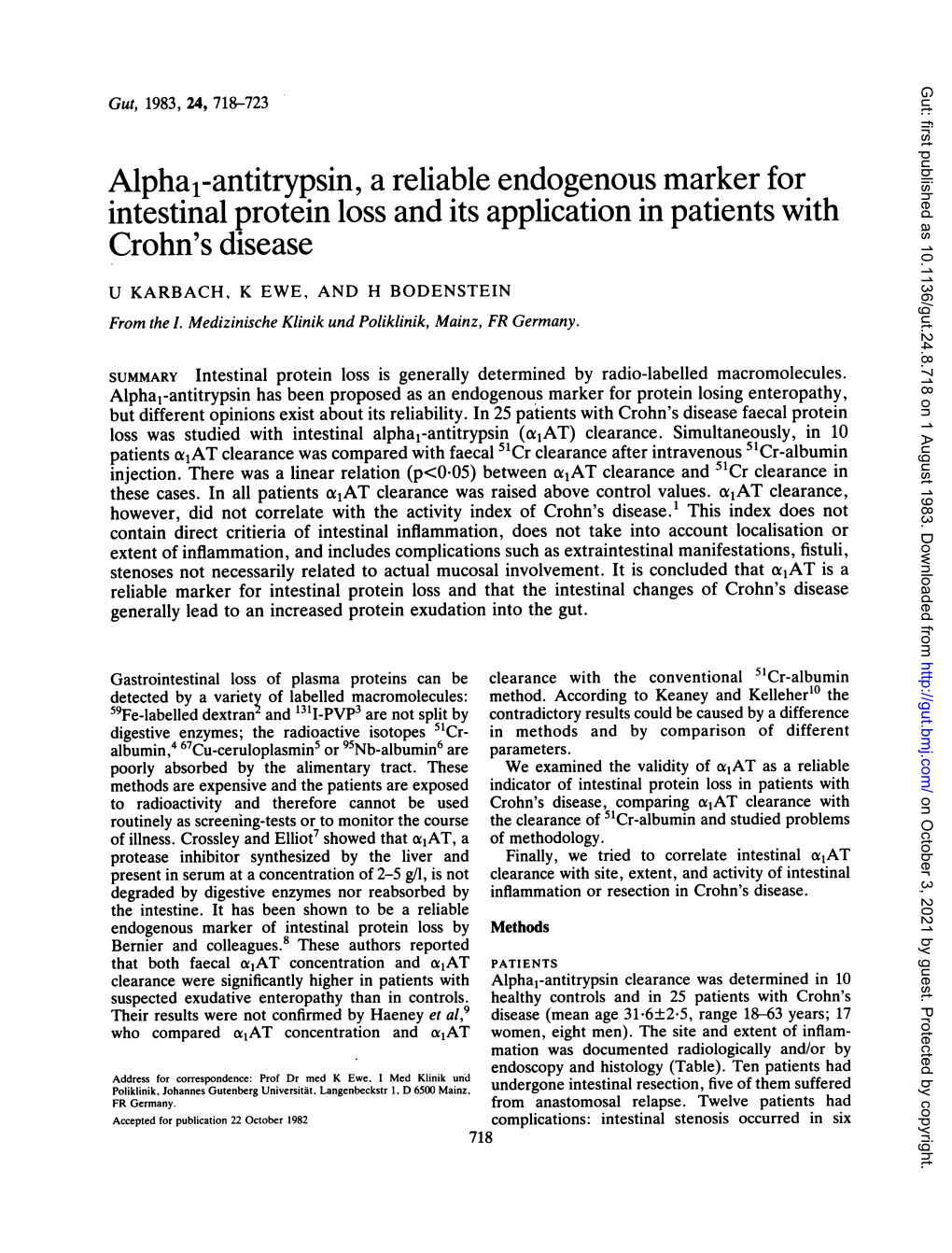 Alpha1-Antitrypsin, a Reliable Endogenous Marker for Intestinal Protein Loss and Its Application in Patients with Crohn's Disease