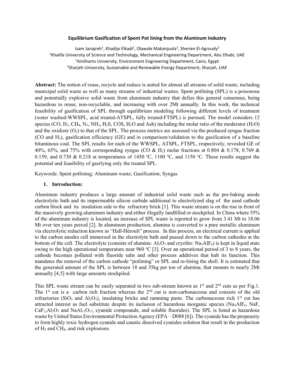 Equilibrium Gasification of Spent Pot Lining from the Aluminum Industry