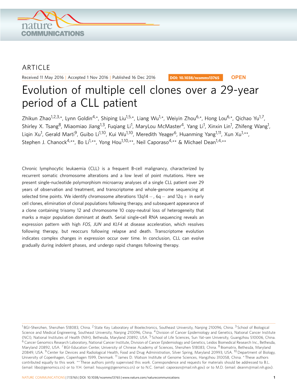 Evolution of Multiple Cell Clones Over a 29-Year Period of a CLL Patient