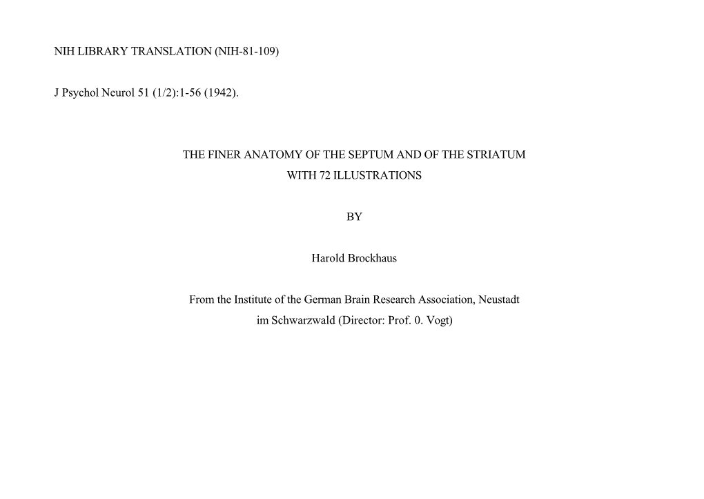 Harold Brockhaus. the Finer Anatomy of the Septum and of the Striatum