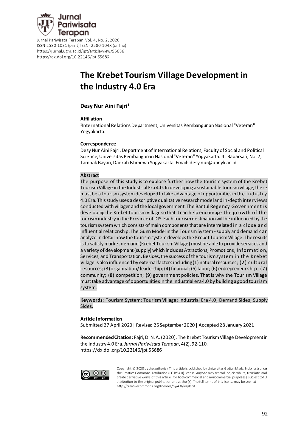 The Krebet Tourism Village Development in the Industry 4.0 Era