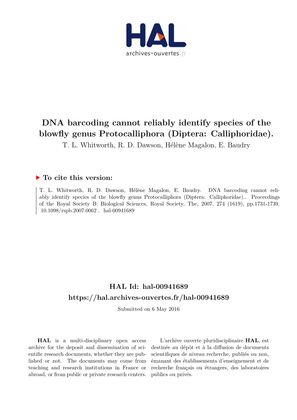 DNA Barcoding Cannot Reliably Identify Species of the Blowfly Genus Protocalliphora (Diptera: Calliphoridae)