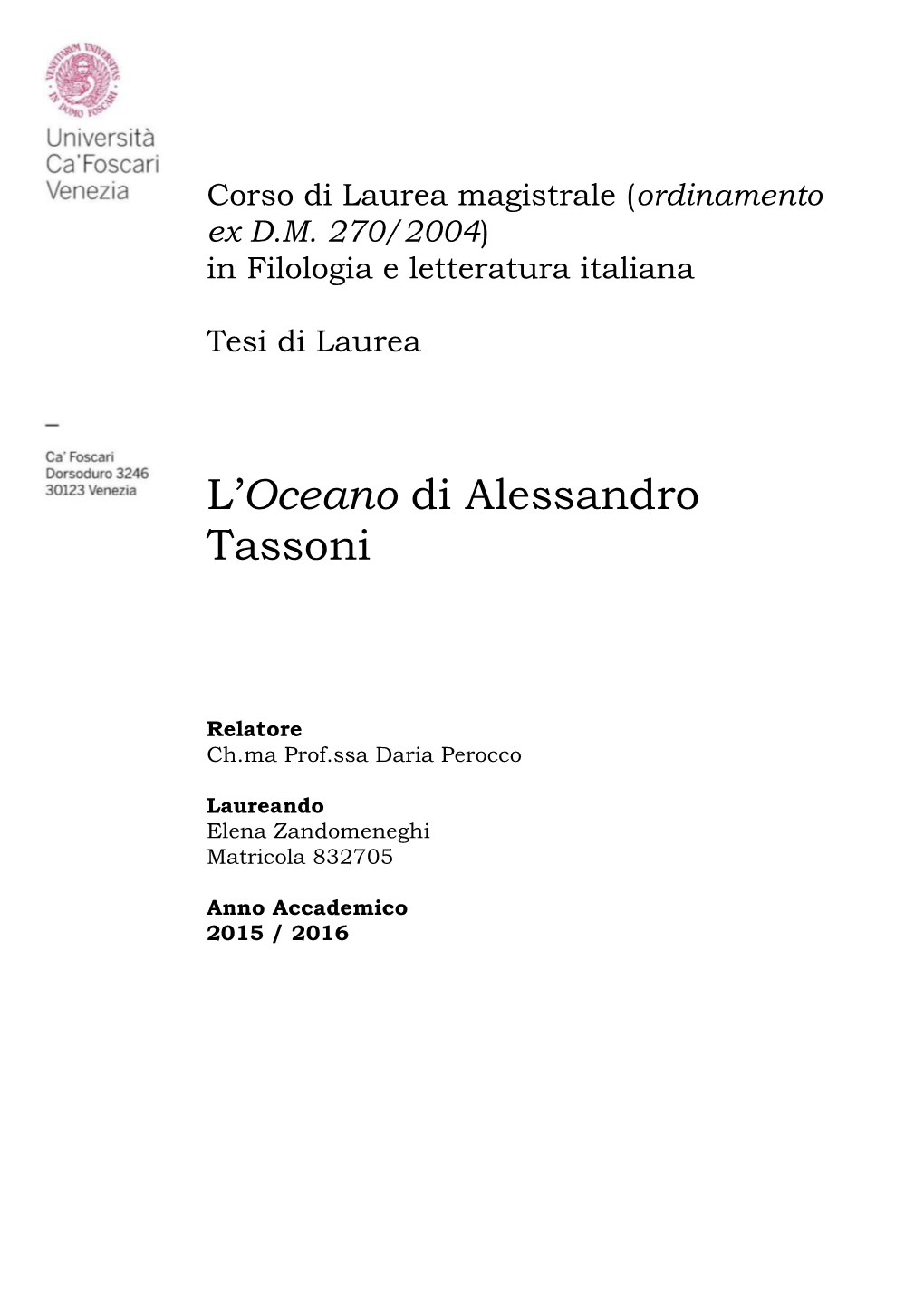 L'oceano Di Alessandro Tassoni