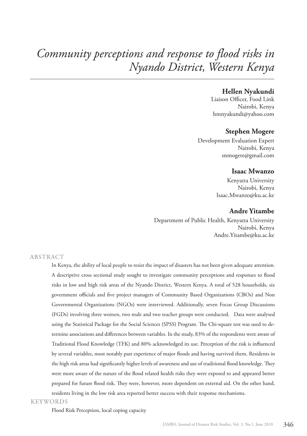 Community Perceptions and Response to Flood Risks in Nyando District, Western Kenya