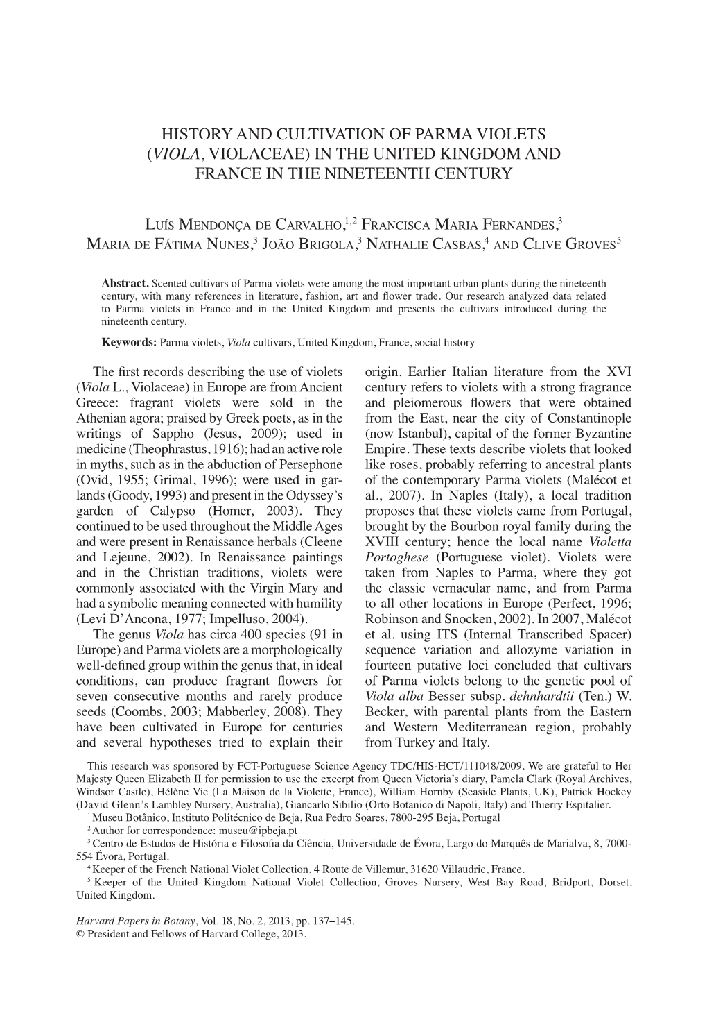 History and Cultivation of Parma Violets (Viola, Violaceae) in the United Kingdom and France in the Nineteenth Century