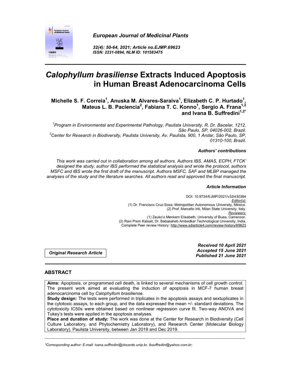 Calophyllum Brasiliense Extracts Induced Apoptosis in Human Breast Adenocarcinoma Cells