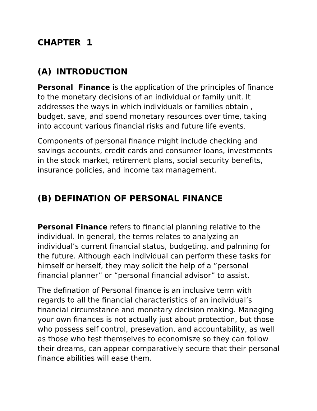 Chapter 1 (A) Introduction (B) Defination of Personal Finance