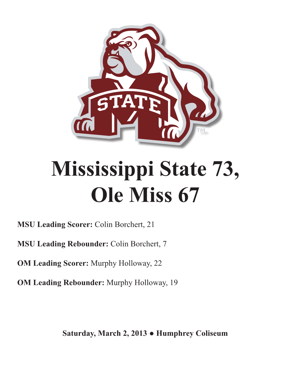 Mississippi State 73, Ole Miss 67