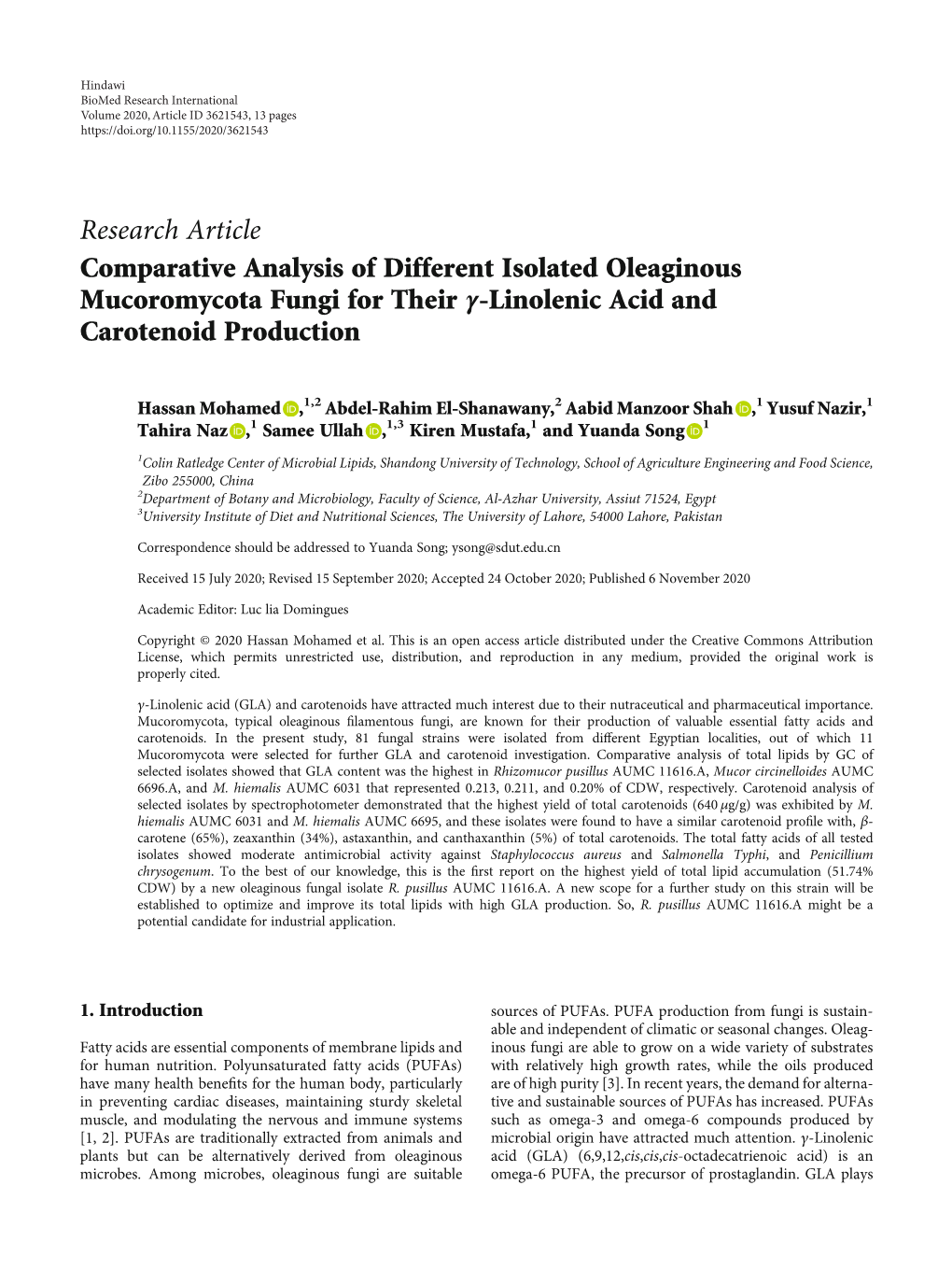 Research Article Comparative Analysis of Different Isolated Oleaginous Mucoromycota Fungi for Their Γ-Linolenic Acid and Carotenoid Production