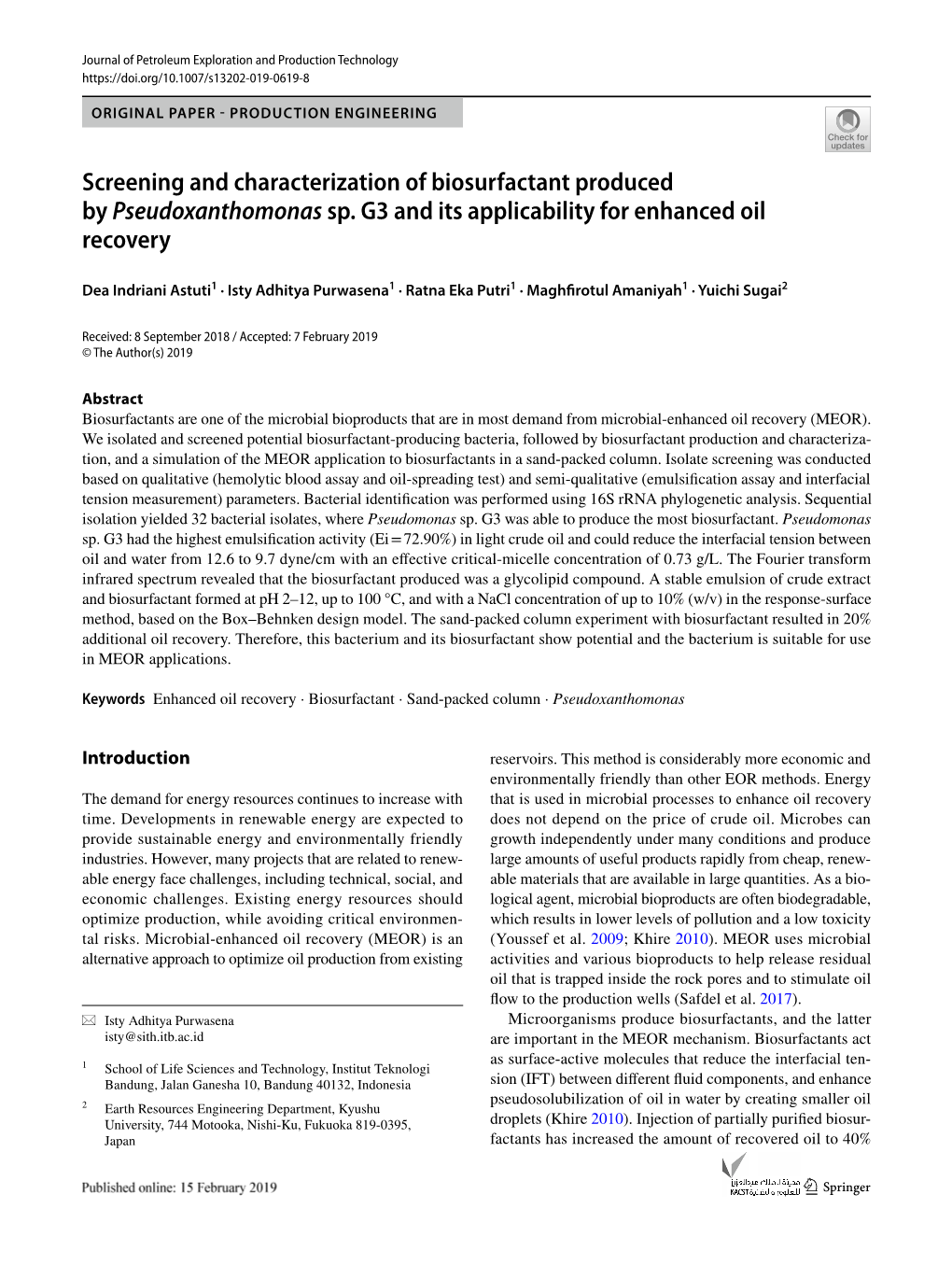 Screening and Characterization of Biosurfactant Produced by Pseudoxanthomonas Sp