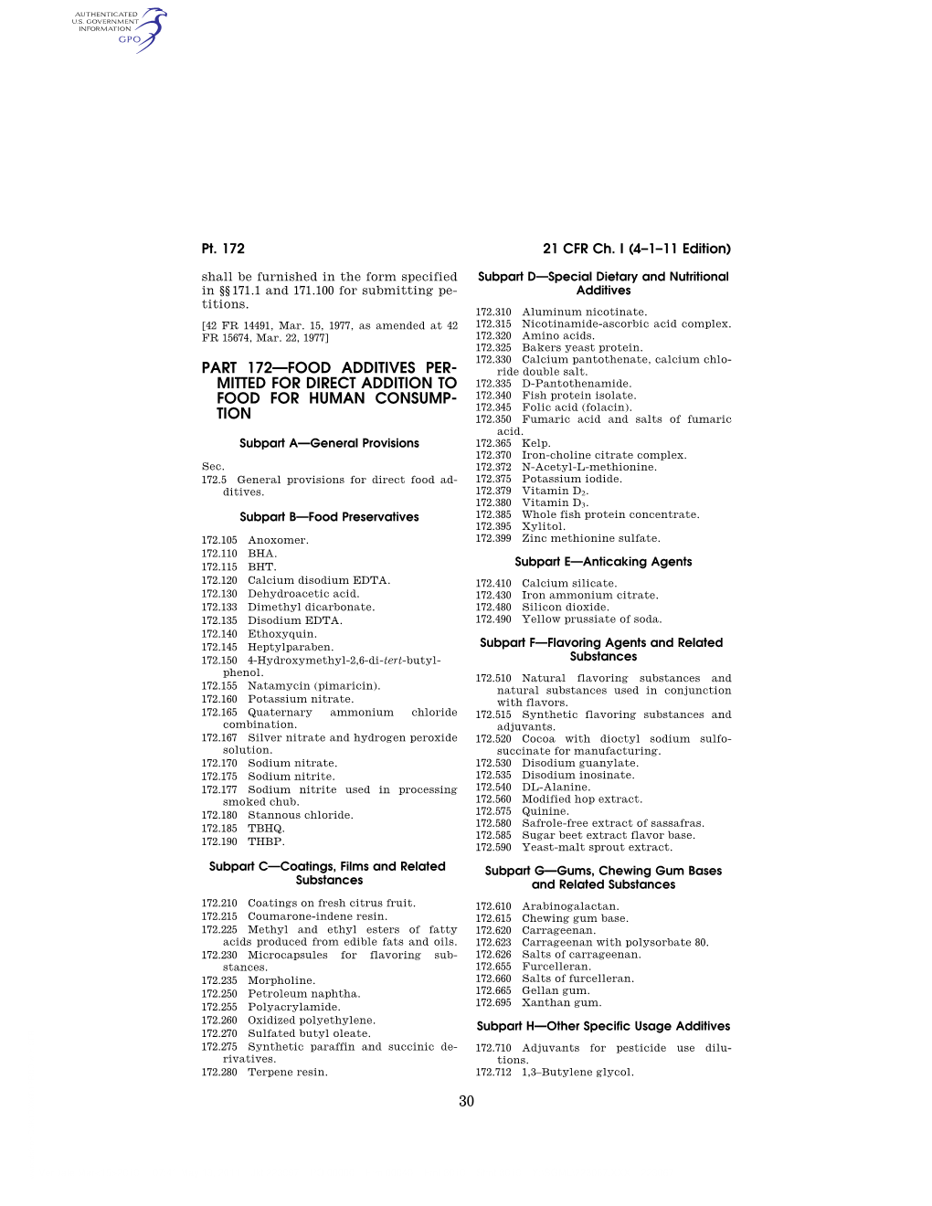 30 Part 172—Food Additives Per- Mitted for Direct Addition to Food for Human Consump- Tion