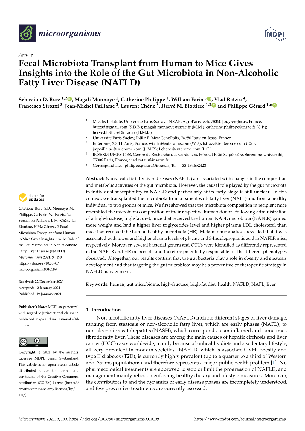 Fecal Microbiota Transplant from Human to Mice Gives Insights Into the Role of the Gut Microbiota in Non-Alcoholic Fatty Liver Disease (NAFLD)