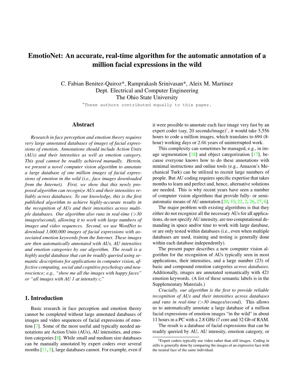 Emotionet: an Accurate, Real-Time Algorithm for the Automatic Annotation of a Million Facial Expressions in the Wild