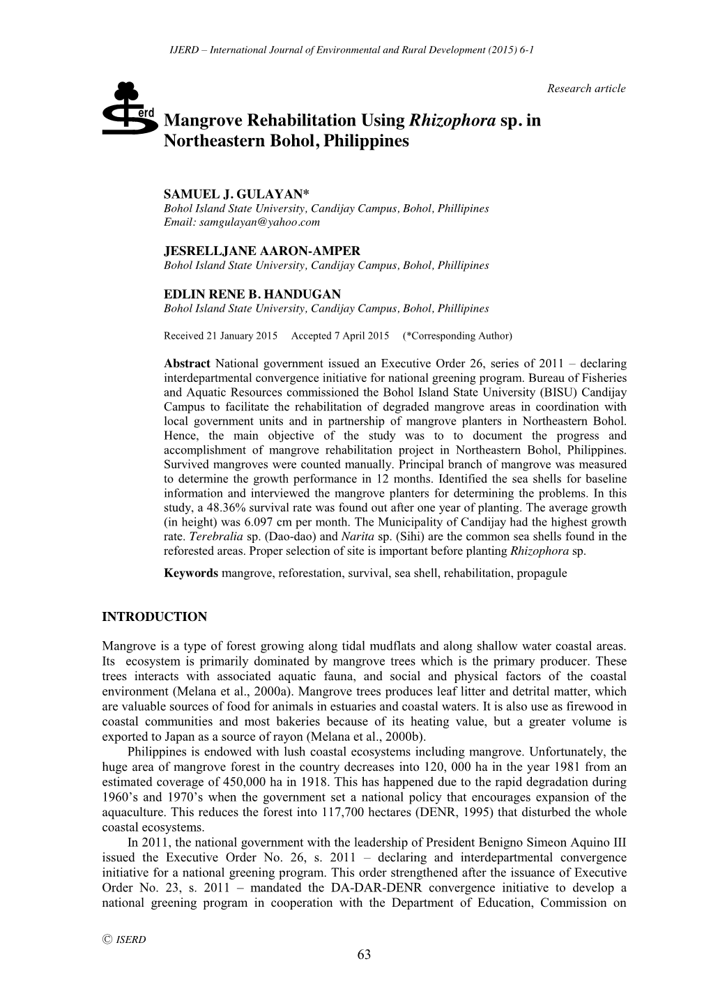 Mangrove Rehabilitation Using Rhizophora Sp. in Northeastern Bohol, Philippines