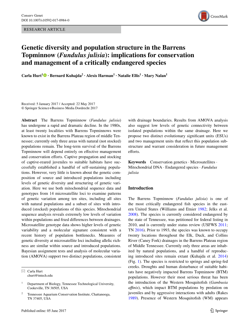 Genetic Diversity and Population Structure in the Barrens Topminnow