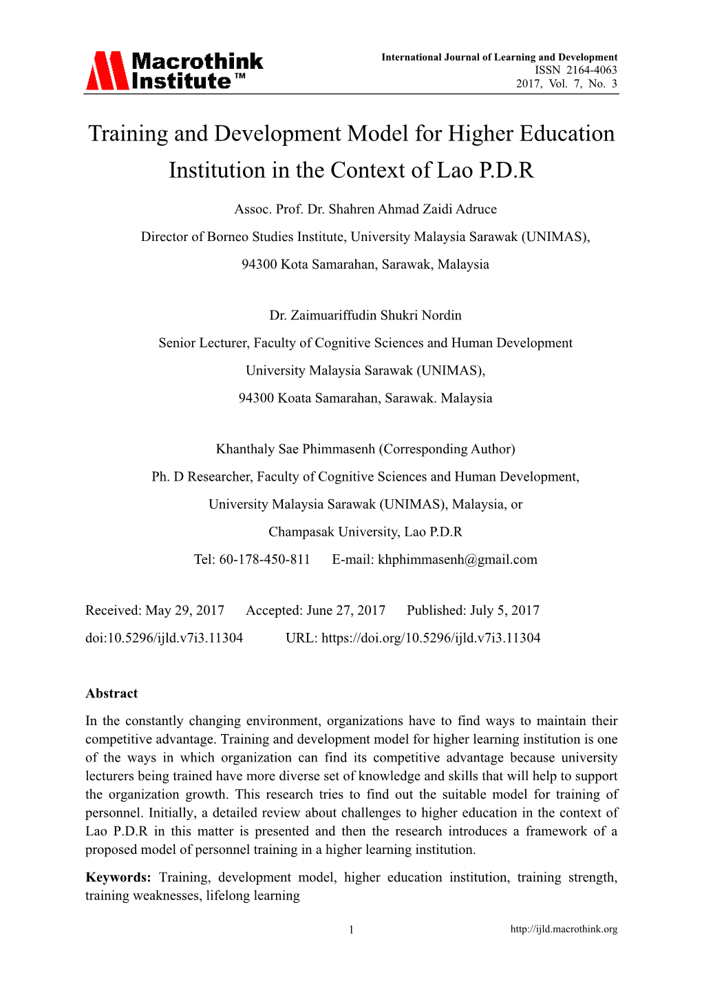 Training and Development Model for Higher Education Institution in the Context of Lao P.D.R