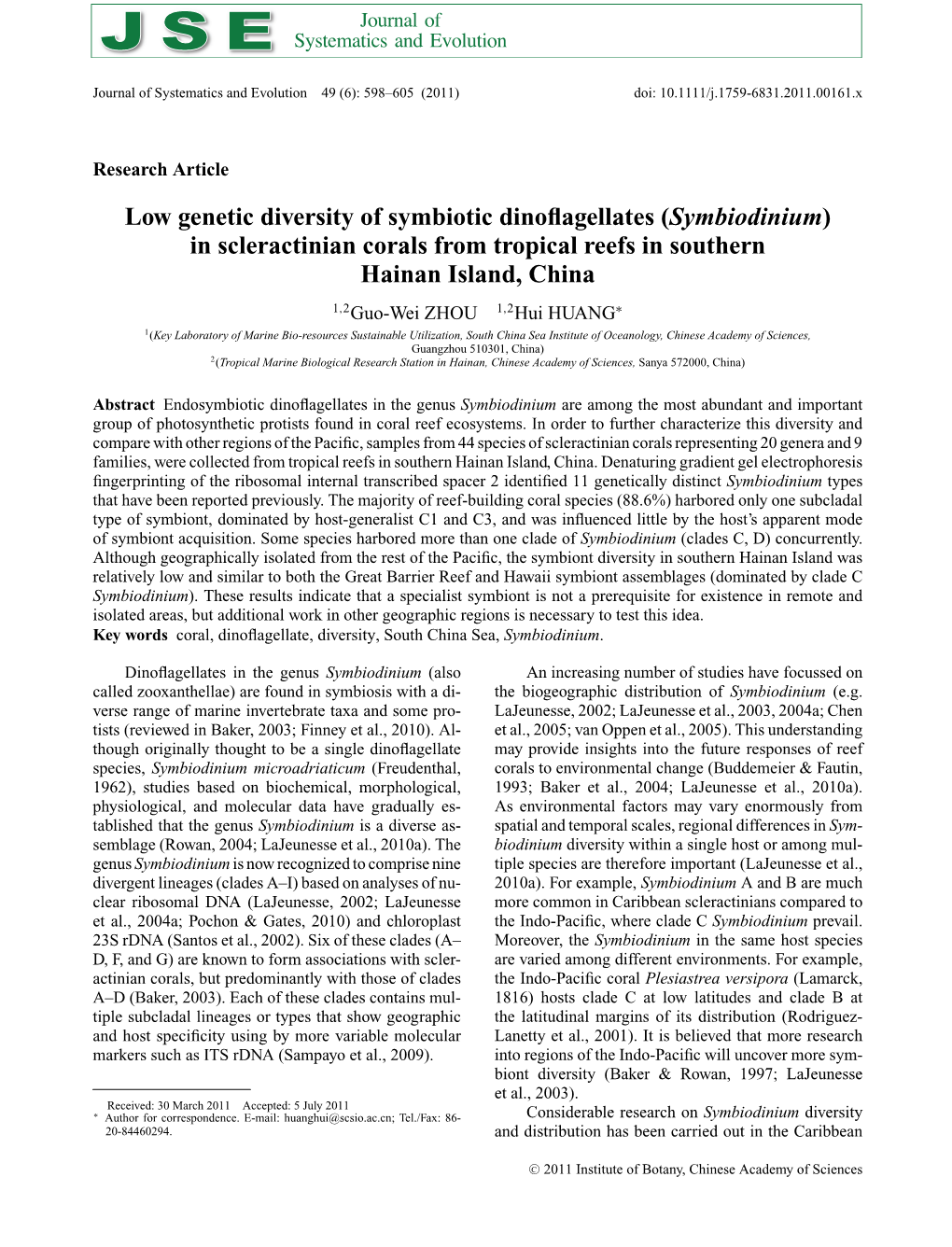 (Symbiodinium) in Scleractinian Corals from Tropical Reefs in Southern Hainan