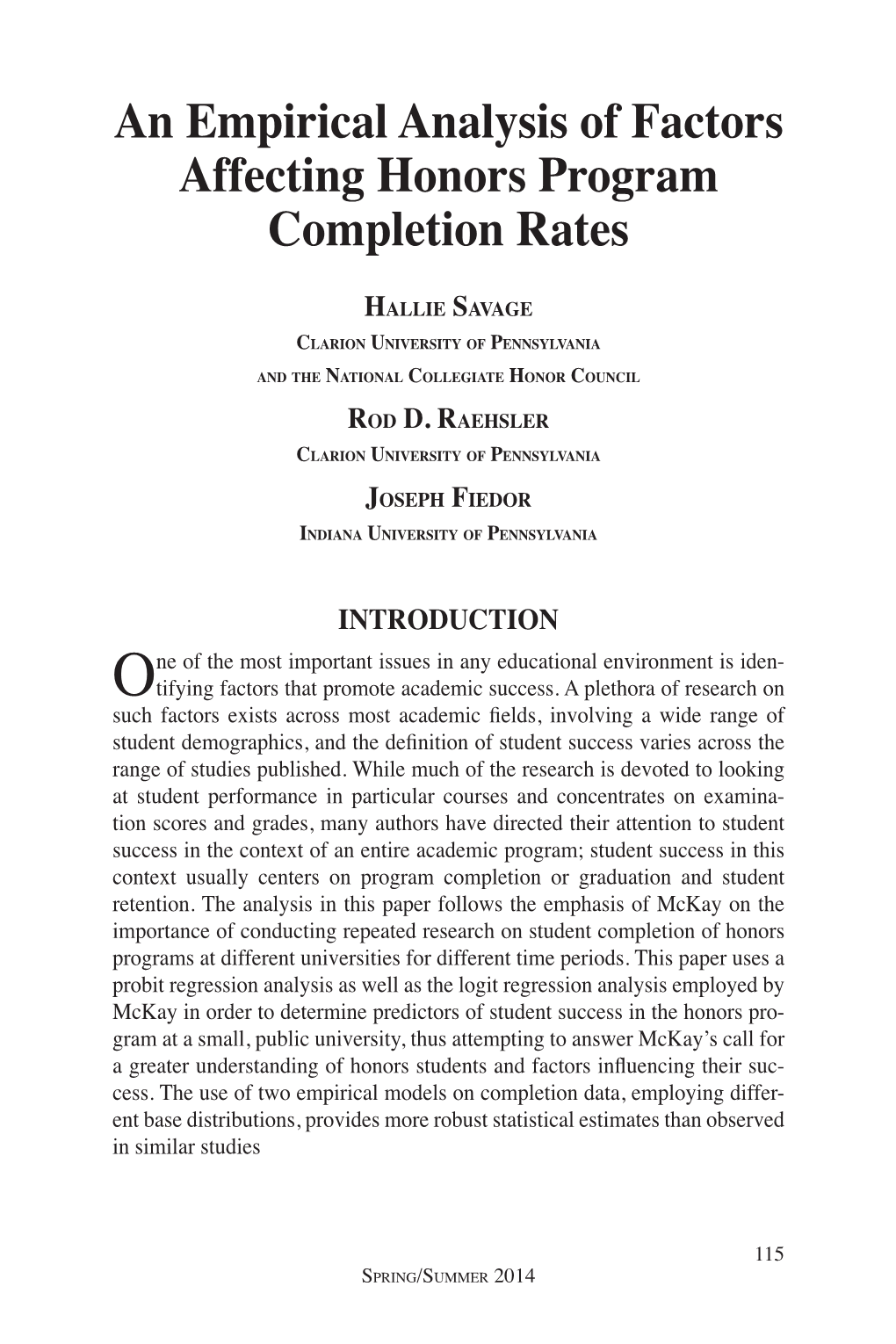 An Empirical Analysis of Factors Affecting Honors Program Completion Rates