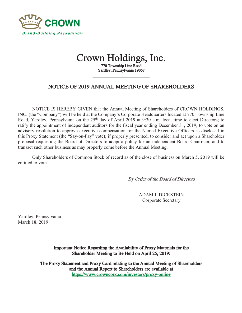 Crown Holdings, Inc. 770 Township Line Road Yardley, Pennsylvania 19067 ______