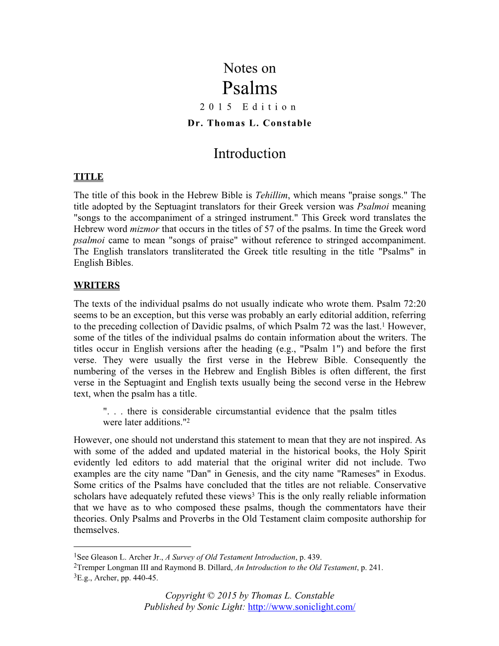 Notes on Psalms 2015 Edition Dr