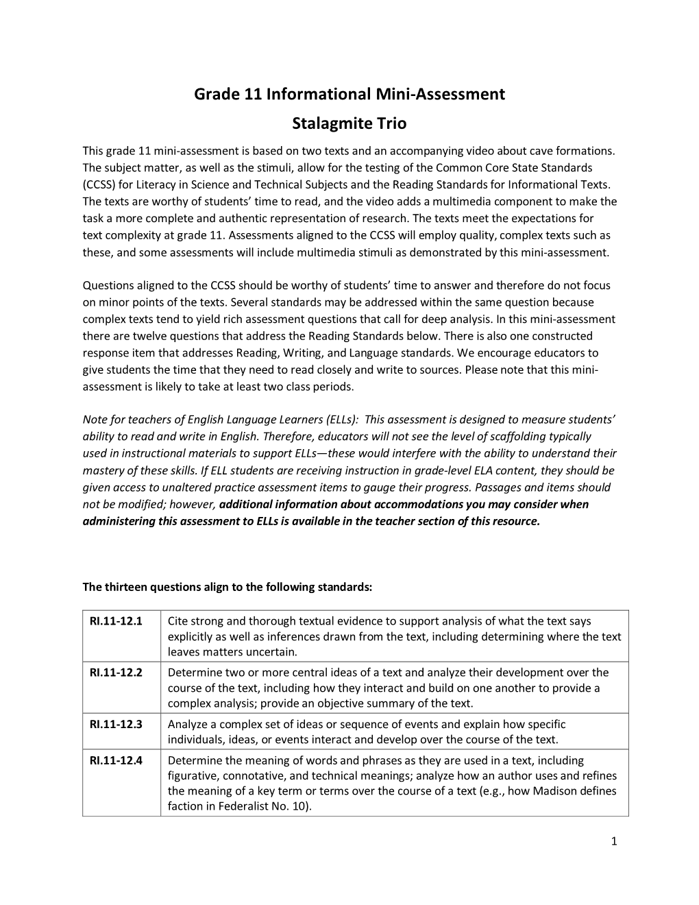 Grade 11 Informational Mini-Assessment Stalagmite Trio This Grade 11 Mini-Assessment Is Based on Two Texts and an Accompanying Video About Cave Formations