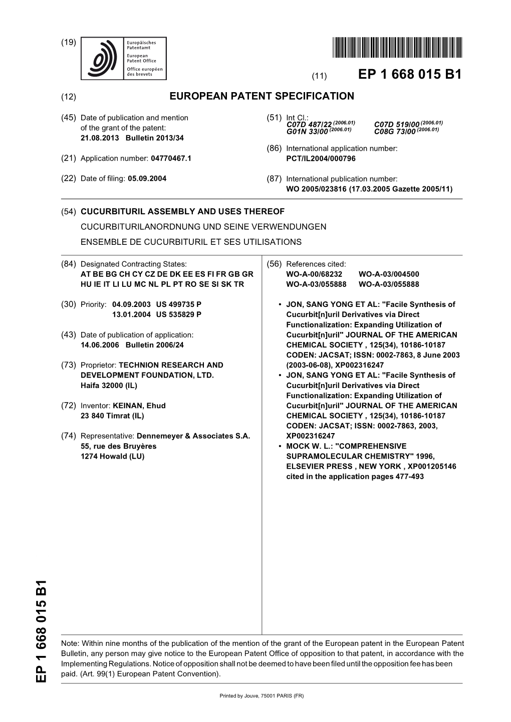 Cucurbituril Assembly and Uses Thereof Cucurbiturilanordnung Und Seine Verwendungen Ensemble De Cucurbituril Et Ses Utilisations