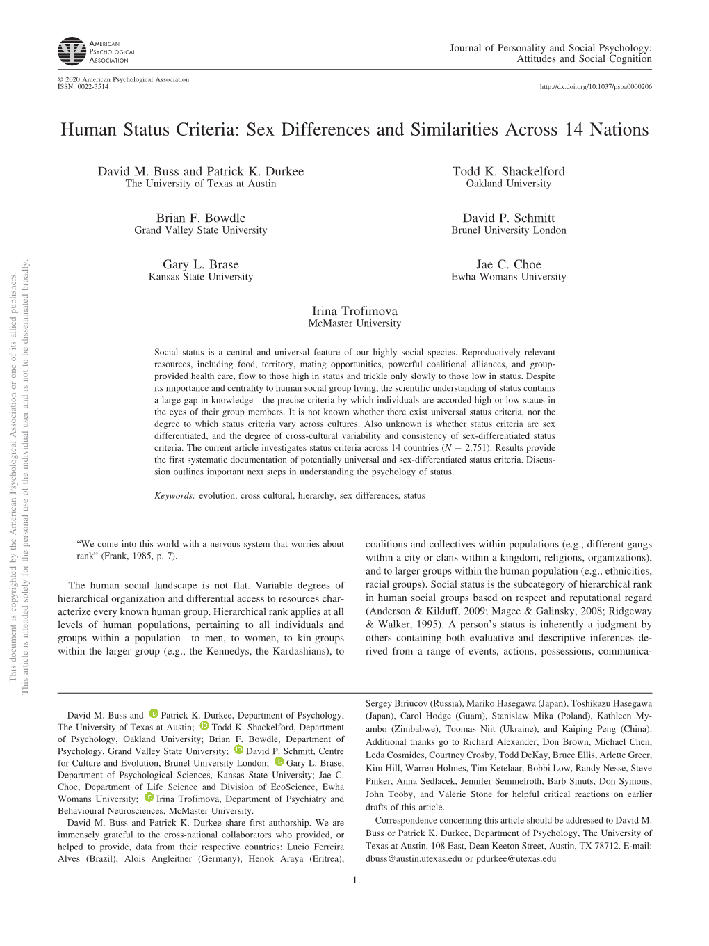 Human Status Criteria: Sex Differences and Similarities Across 14 Nations