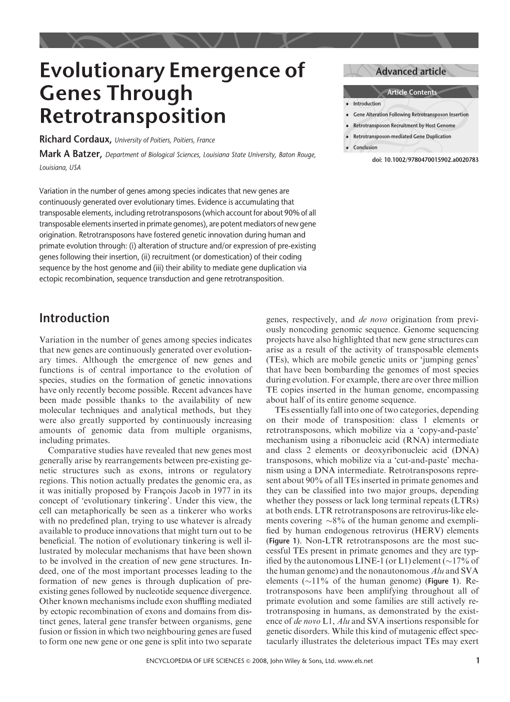 "Evolutionary Emergence of Genes Through Retrotransposition"