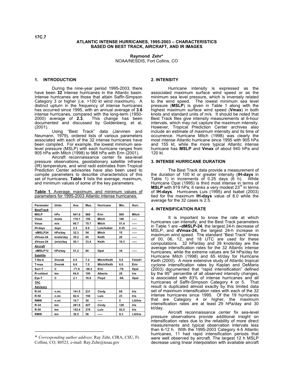 17C.7 Atlantic Intense Hurricanes, 1995-2003 – Characteristics Based on Best Track, Aircraft, and Ir Images