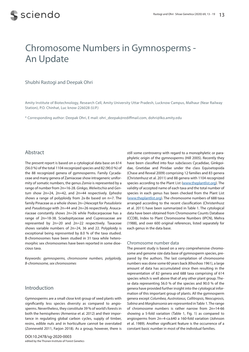 Chromosome Numbers in Gymnosperms - an Update