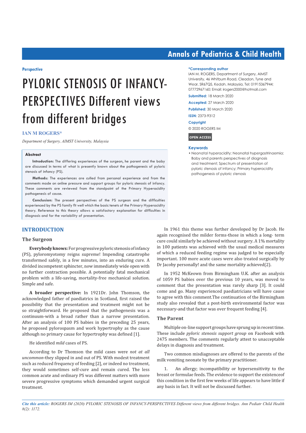 PYLORIC STENOSIS of INFANCY-PERSPECTIVES Different Views from Different Bridges