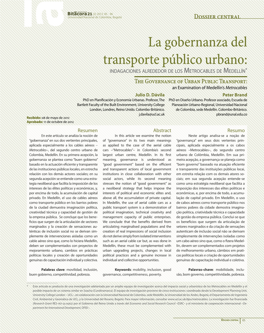 La Gobernanza Del Transporte Público Urbano