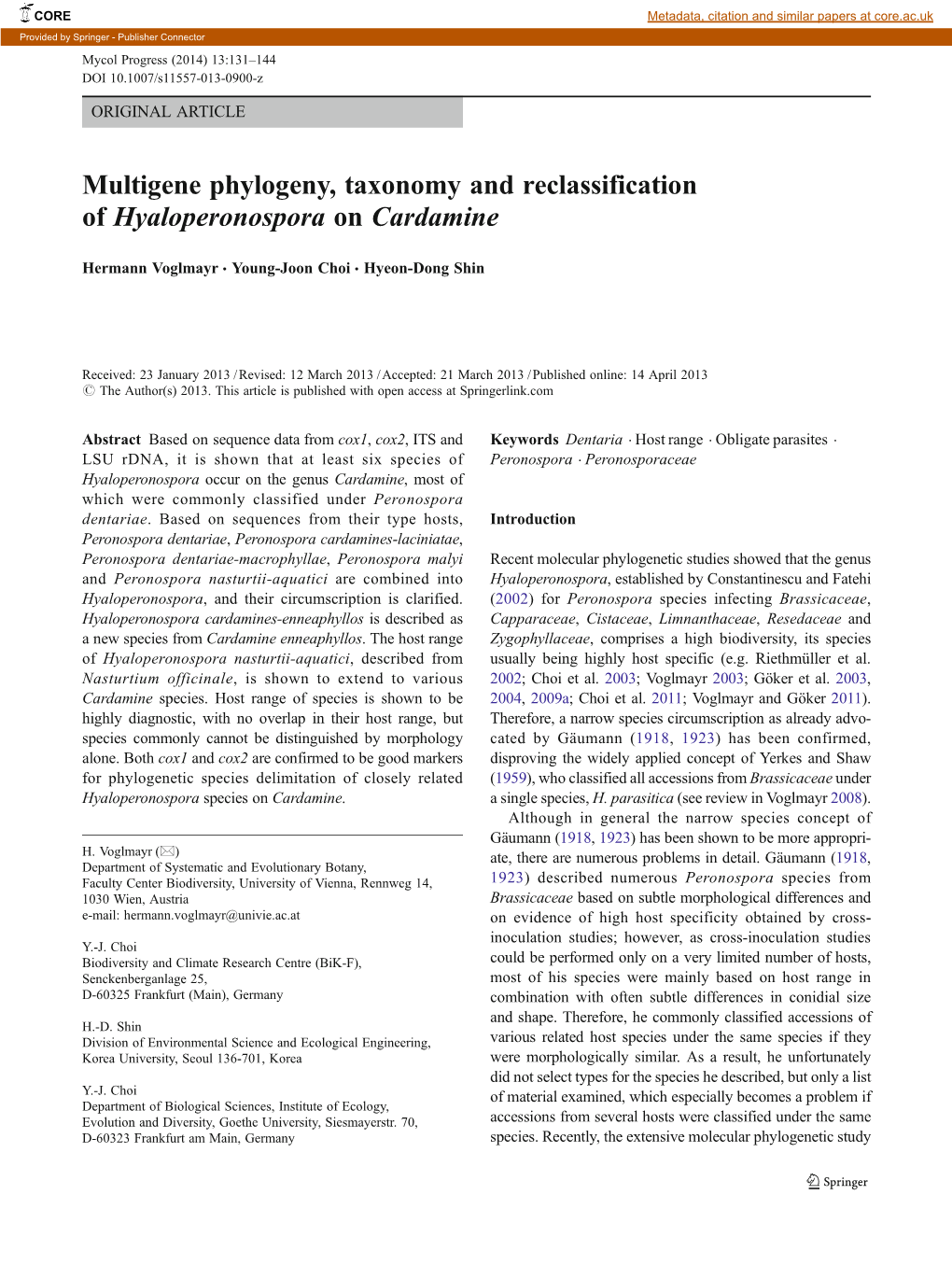 Multigene Phylogeny, Taxonomy and Reclassification of Hyaloperonospora on Cardamine