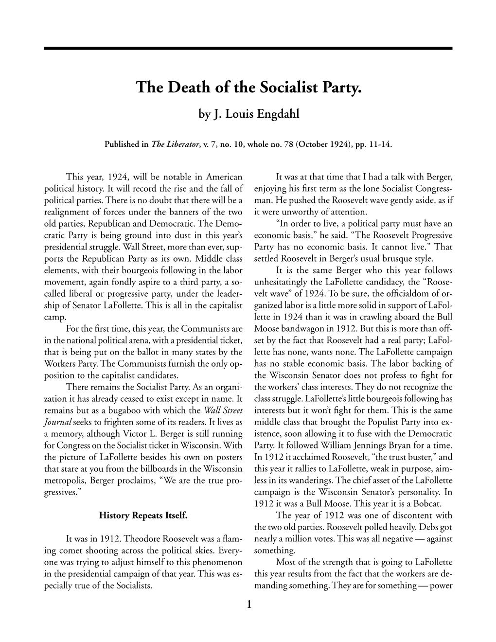 The Death of the Socialist Party. by J