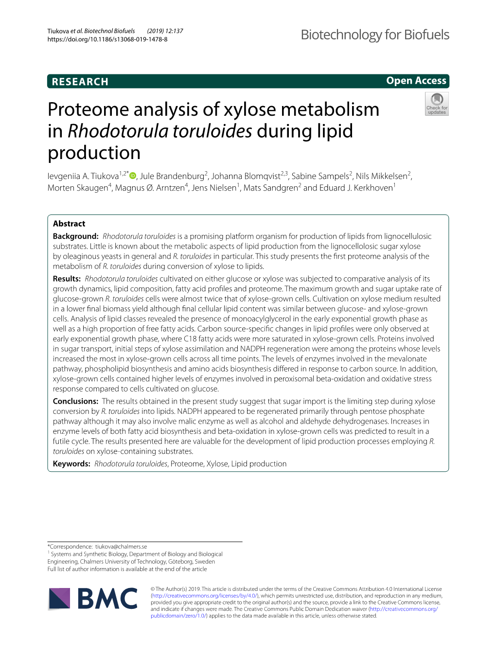 Proteome Analysis of Xylose Metabolism in Rhodotorula Toruloides During Lipid Production Ievgeniia A