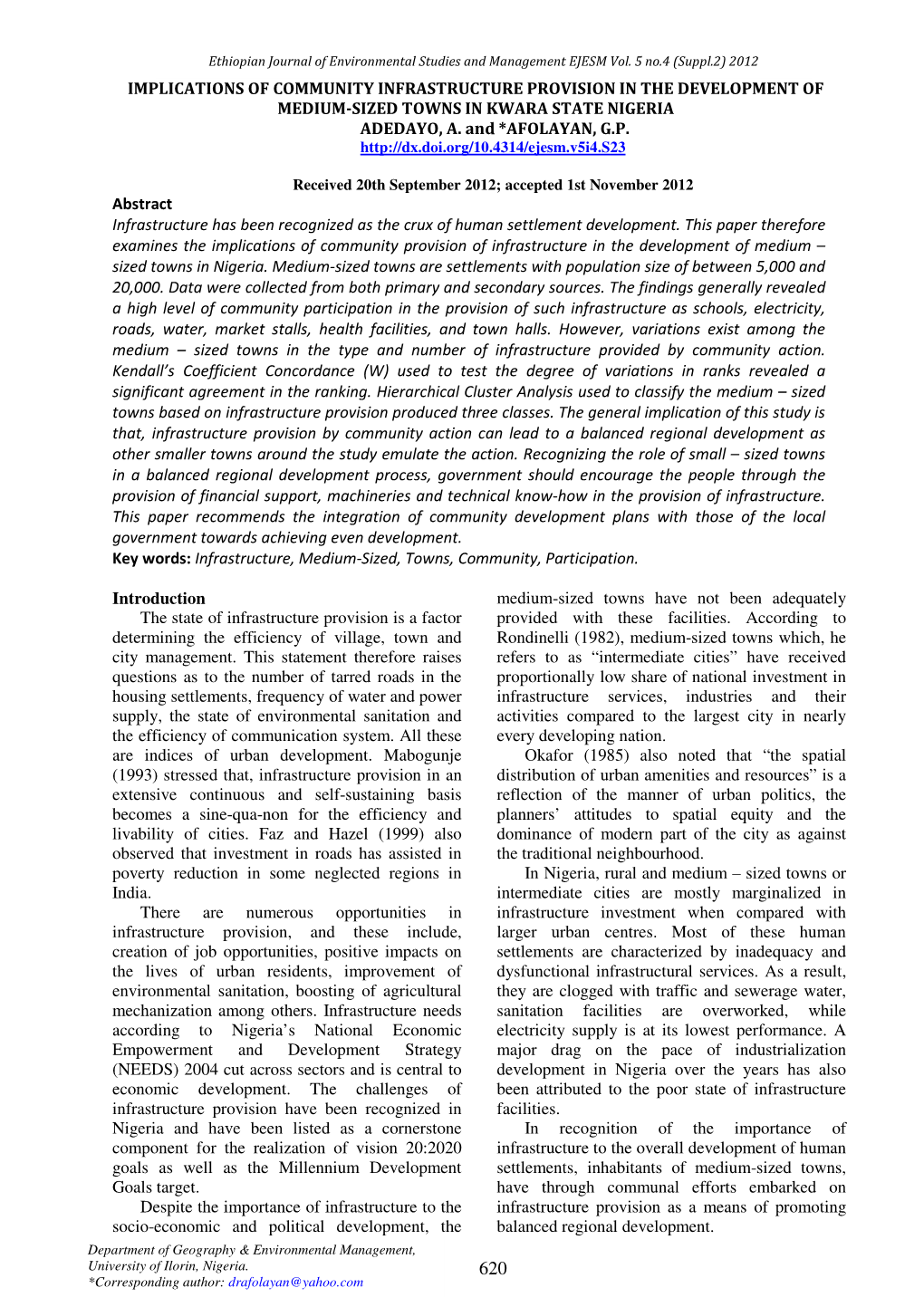 Implications of Community Infrastructure Provision in the Development of Medium-Sized Towns in Kwara State Nigeria Adedayo, A