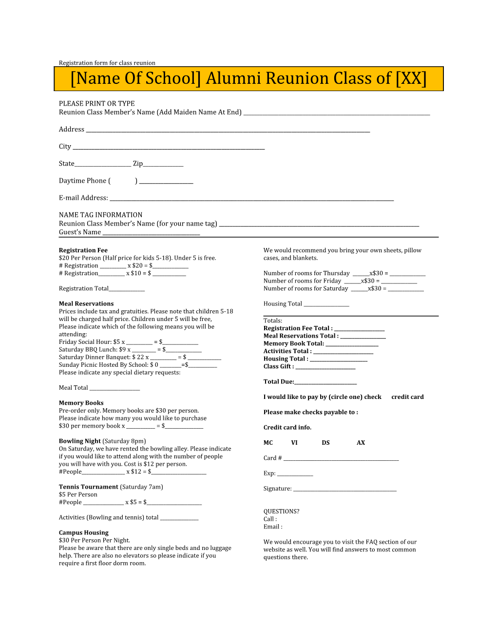 Registration Form for Class Reunion