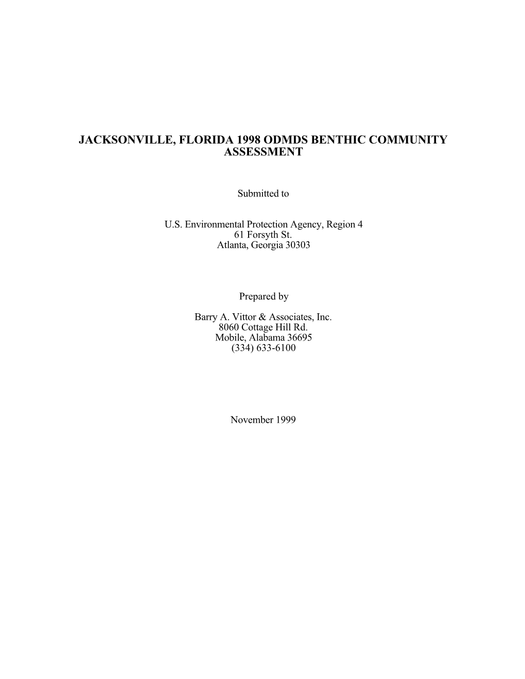 Jacksonville, Florida 1998 Odmds Benthic Community Assessment