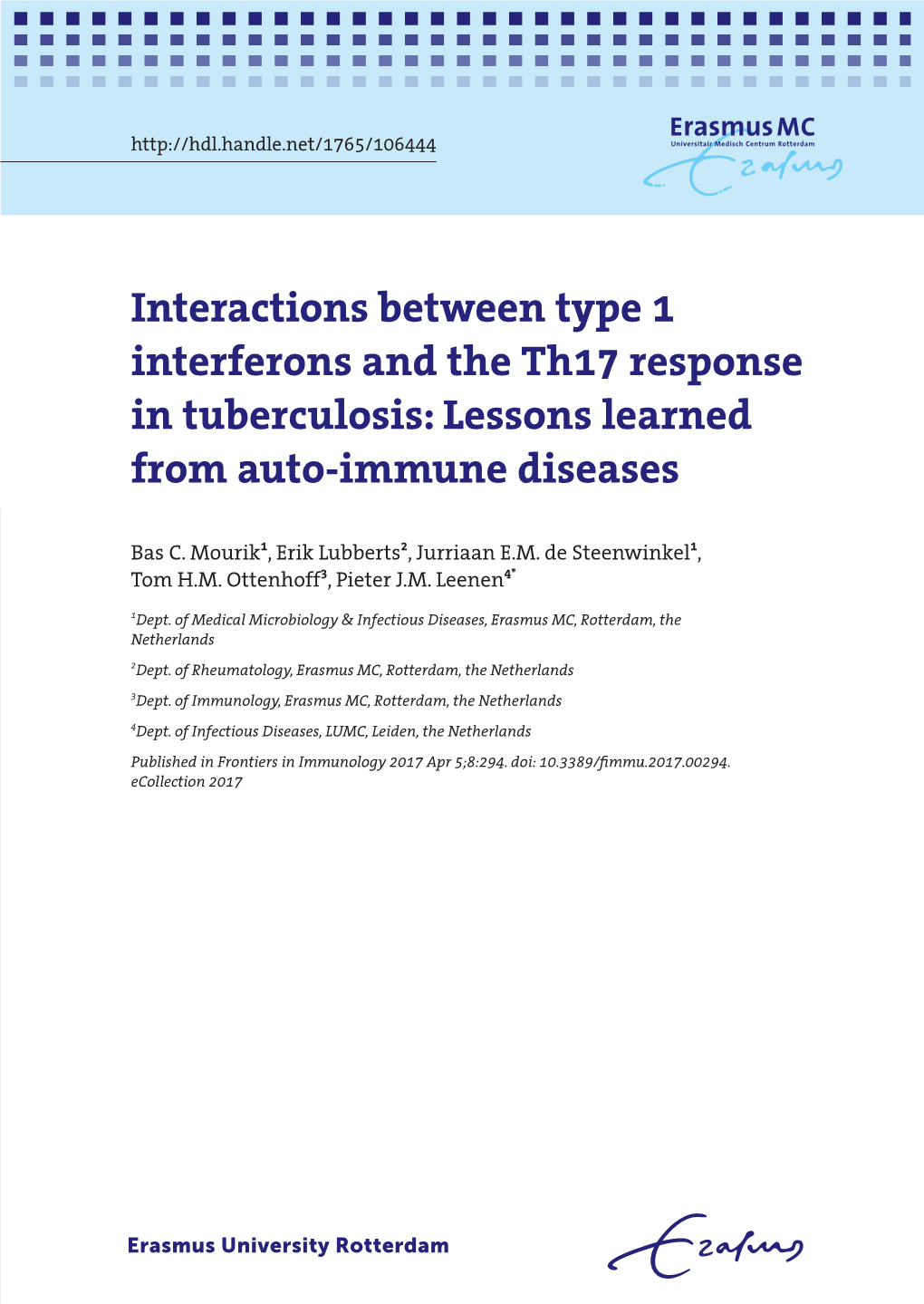 Interactions Between Type 1 Interferons and the Th17 Response in Tuberculosis: Lessons Learned from Auto-Immune Diseases