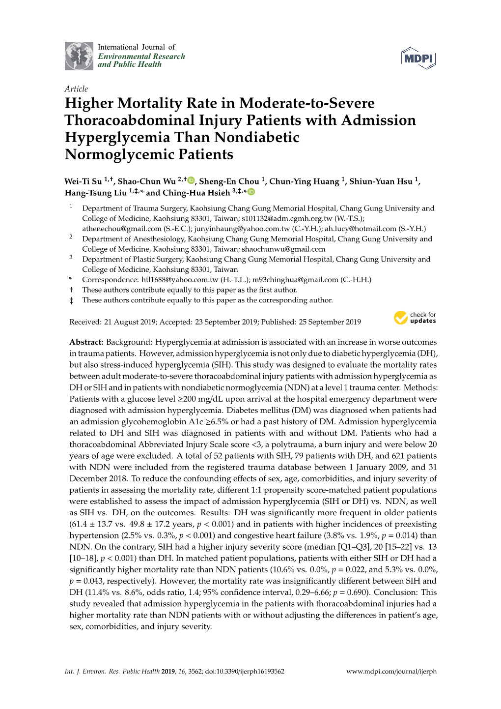 Higher Mortality Rate in Moderate-To-Severe Thoracoabdominal Injury Patients with Admission Hyperglycemia Than Nondiabetic Normoglycemic Patients