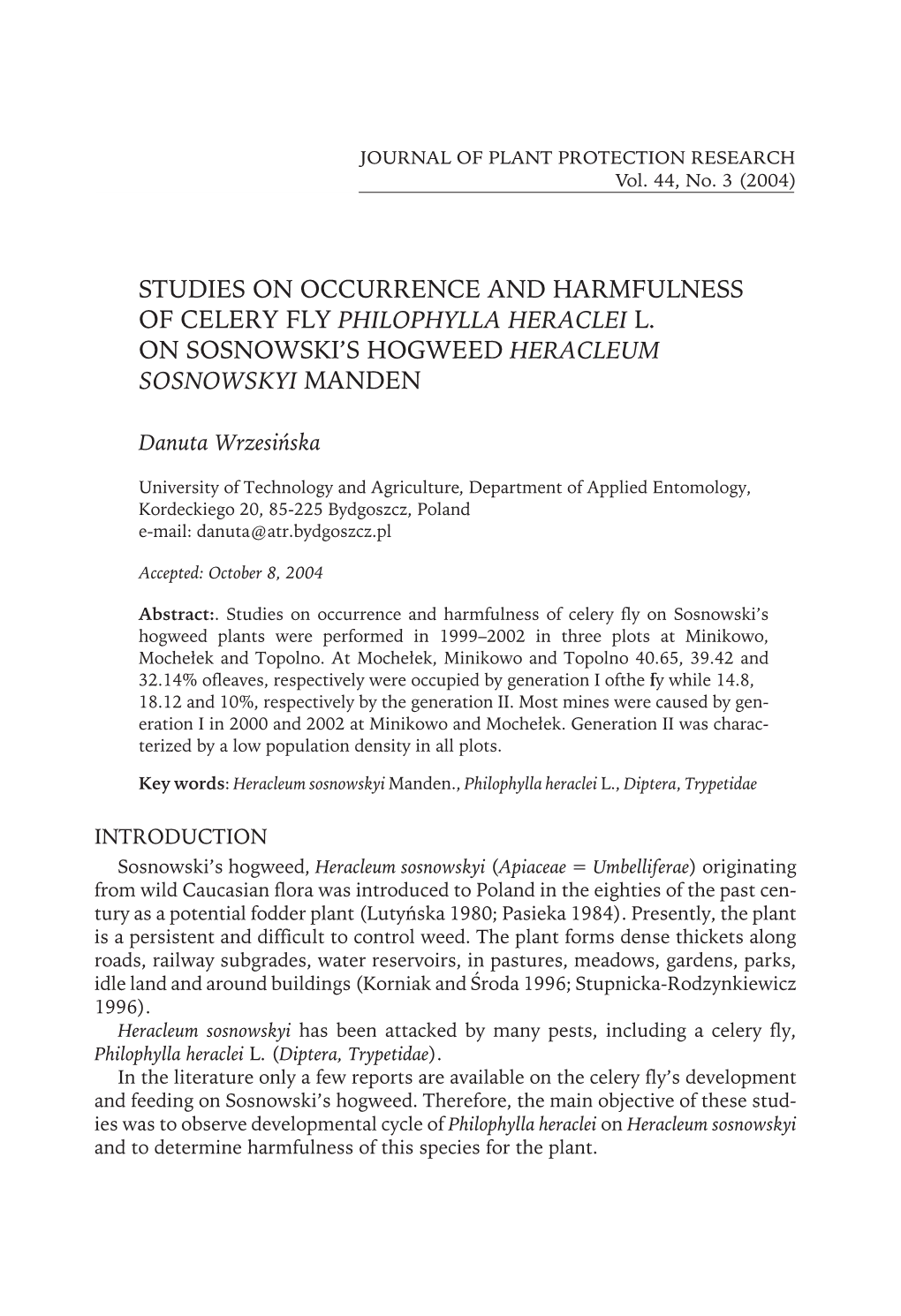 Studies on Occurrence and Harmfulness of Celery Fly Philophylla Heraclei L